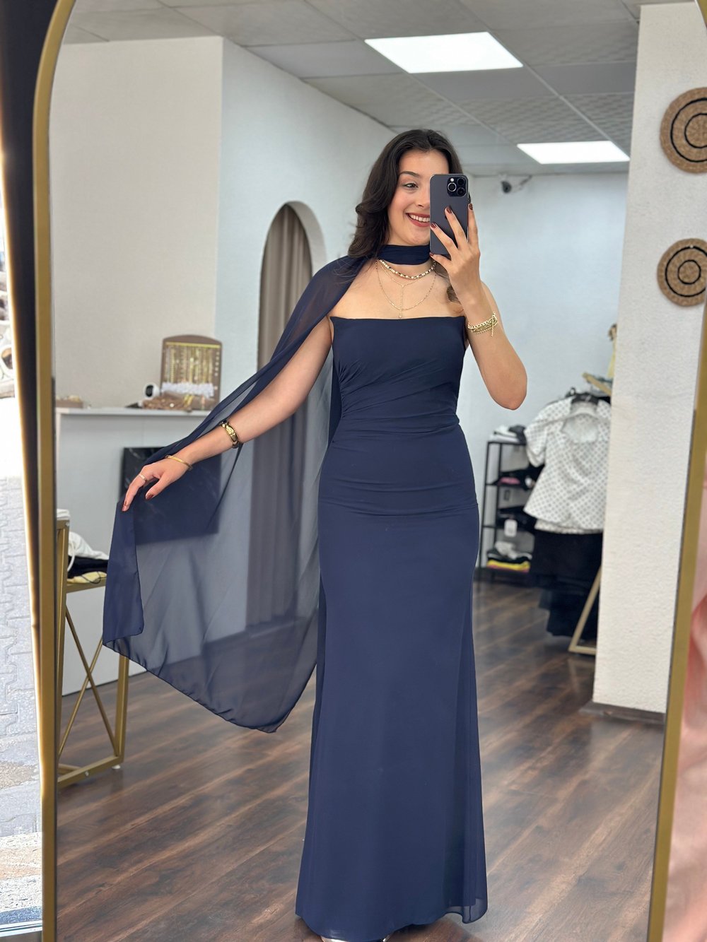 Lacivert Şal Detaylı Straplez Abiye Elbise 