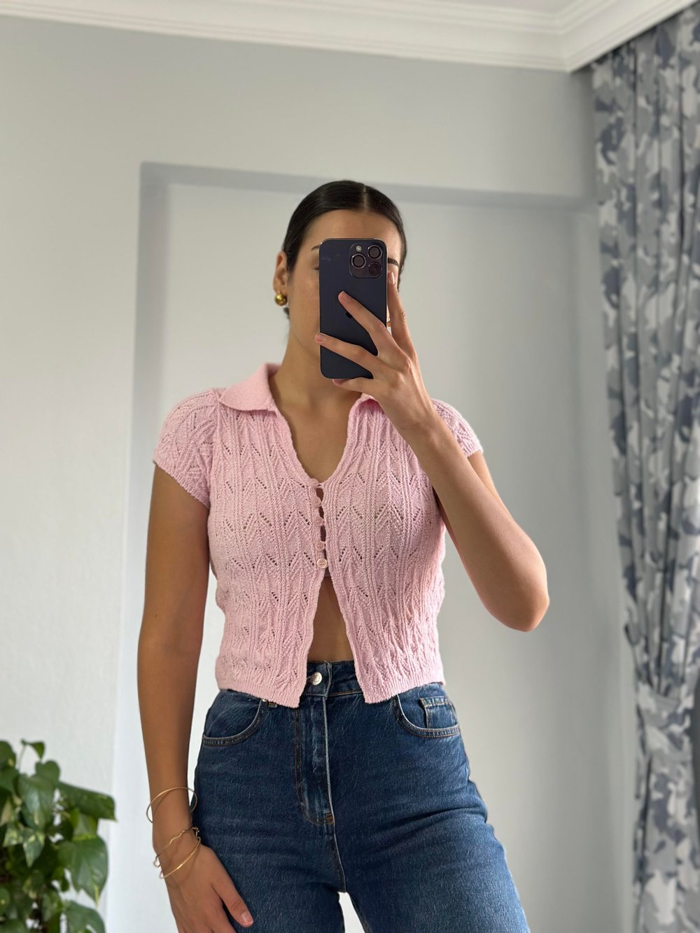 Pembe Kısa Kollu Örgü Hırka 
