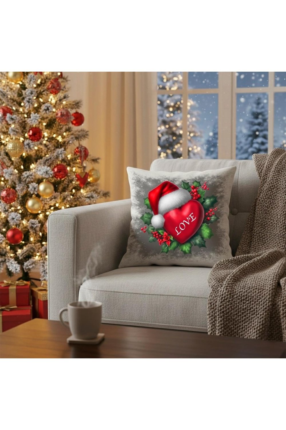 Dijital Baskılı Noel Şapkalı Love Kalp Dekoratif Kırlent Kılıfı