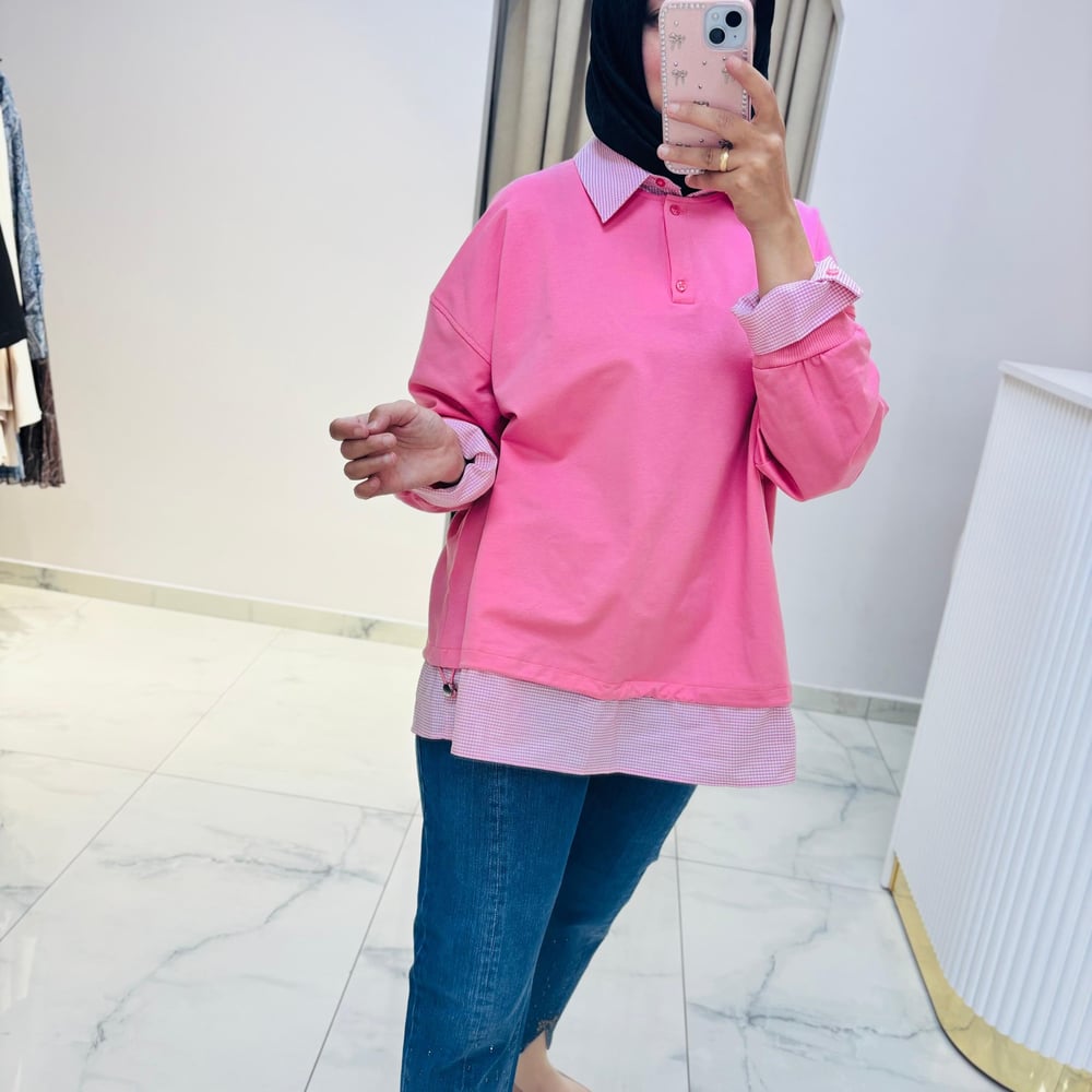 İKOL POTİKARE DESENLİ YAKALI S-SHİRT PEMBE