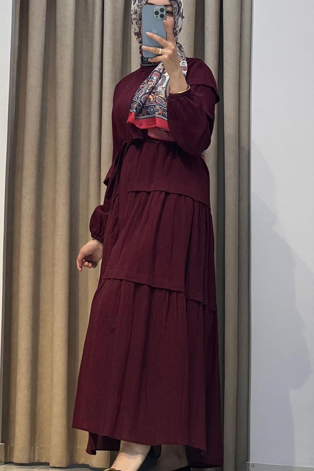 Kat Desenli Elbise Bordo
