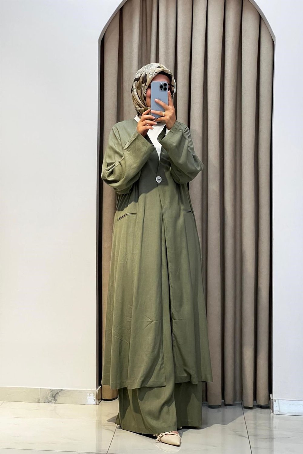 Tek Düğmeli Uzun Kimono Pantolon Tunik Takım Haki
