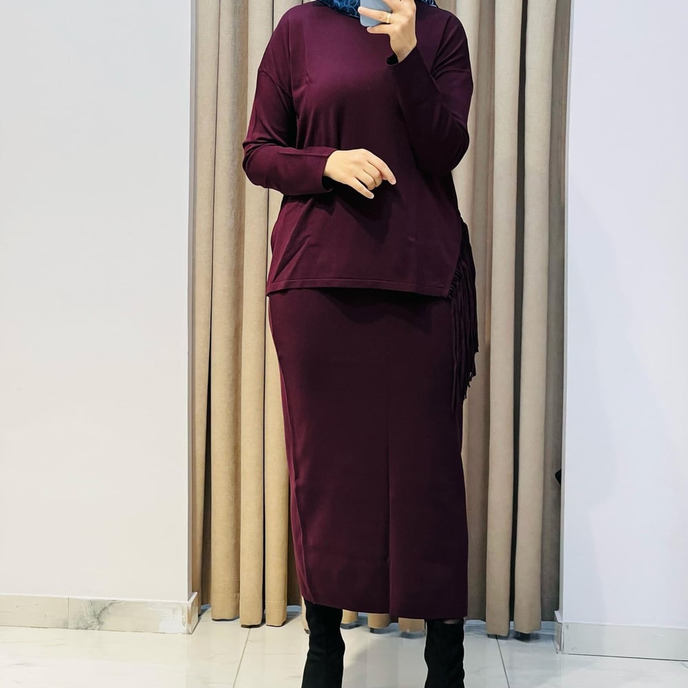 TIĞ TRİKO PÜSKÜL DETAYLI BLUZ ETEK RAYON TAKIM MÜRDÜM