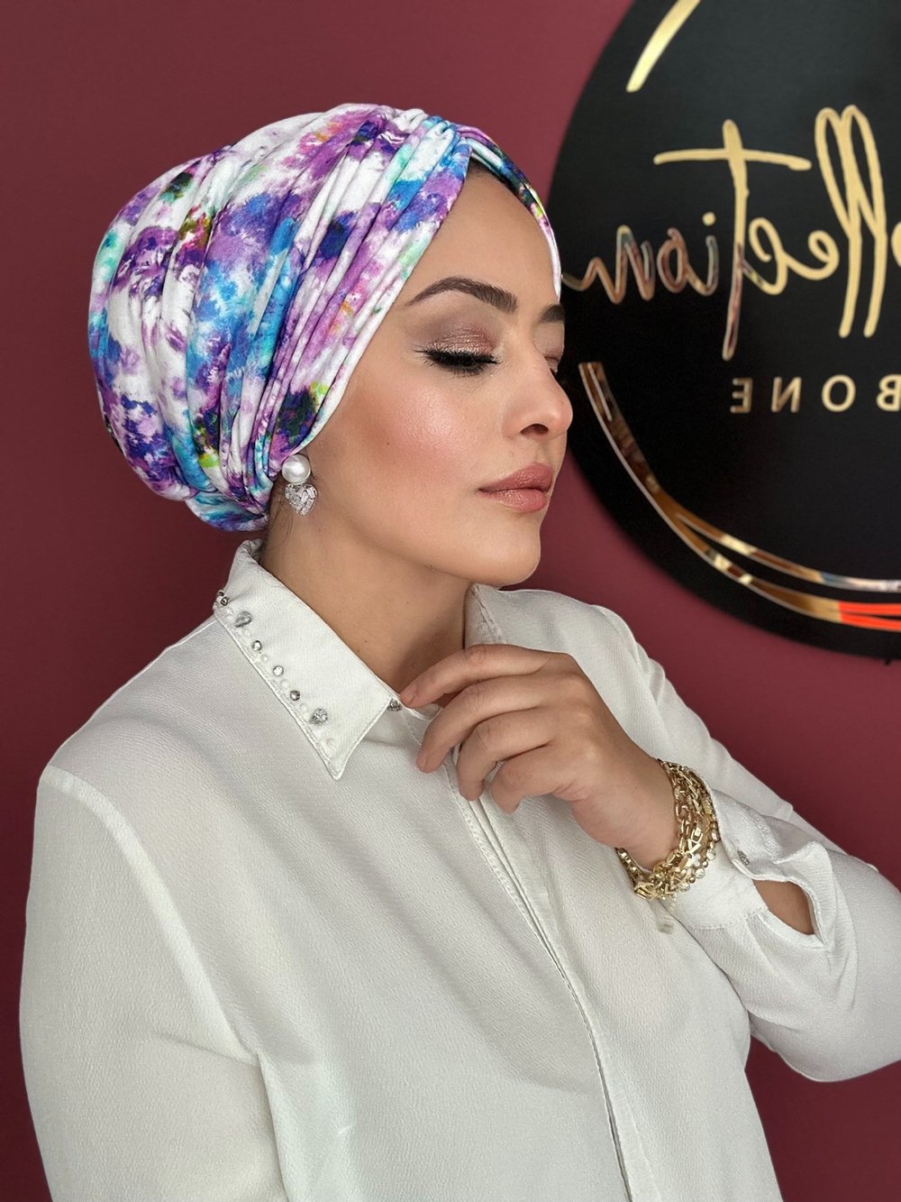 LİLA DESENLİ  DRAPE DOLGULU BONE
