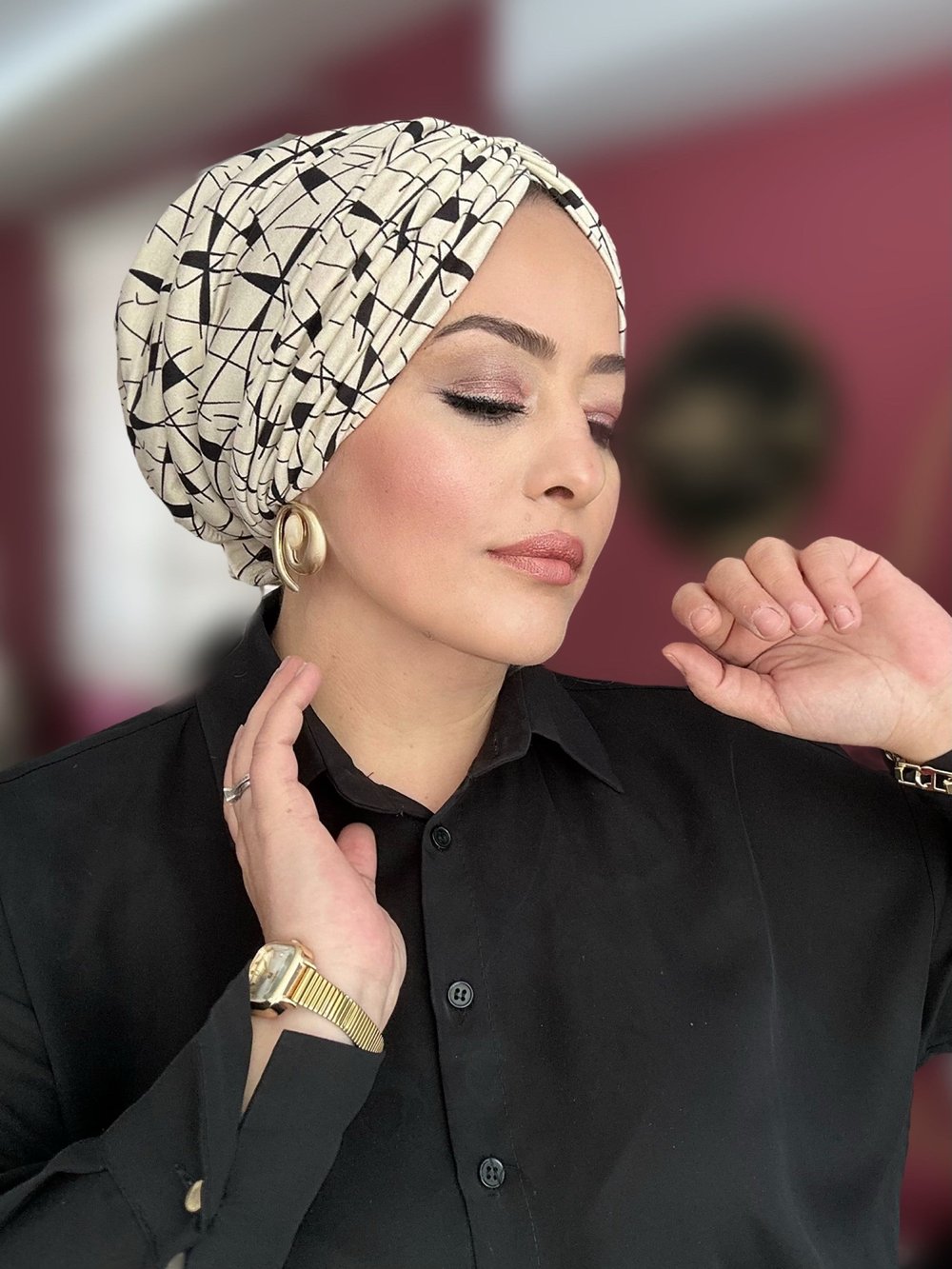 SİYAH KREM GRAFİK DESEN  DRAPE MODEL DOLGULU BONE