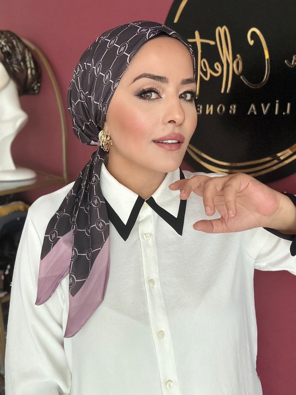 SİYAH  PUDRA VK DESEN EŞARP BONE