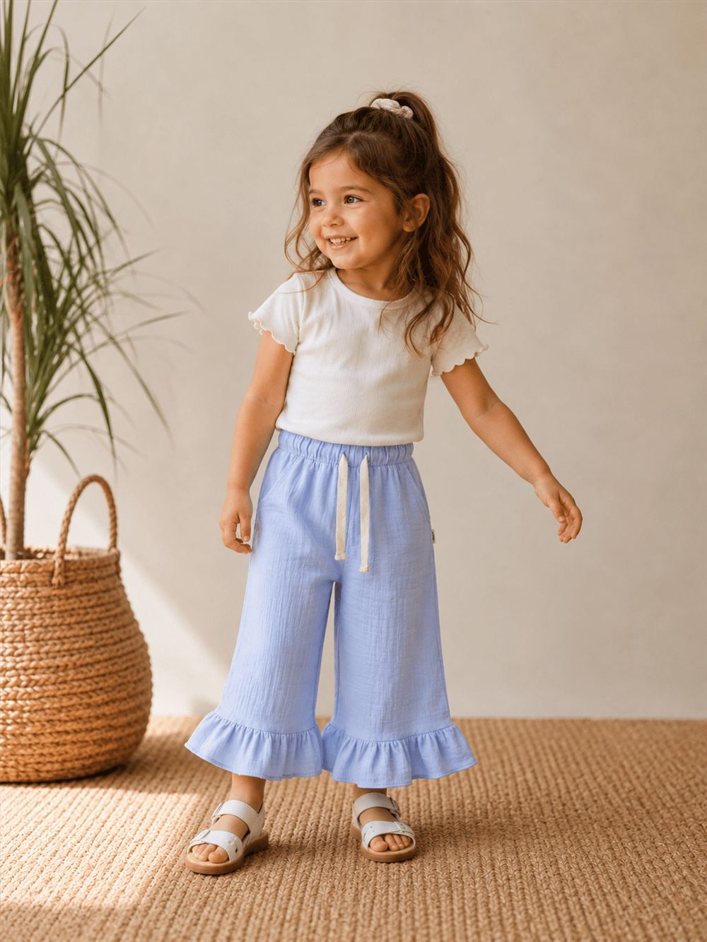Bebe Mavisi Fırfır Paça Müslin Pantolon %100 Pamuk