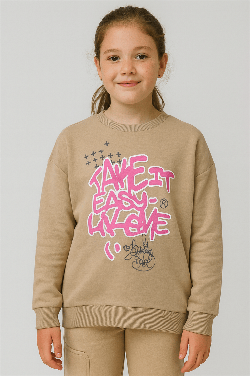 Pembe Yazı Baskılı Bej Kız Çocuk Sweat