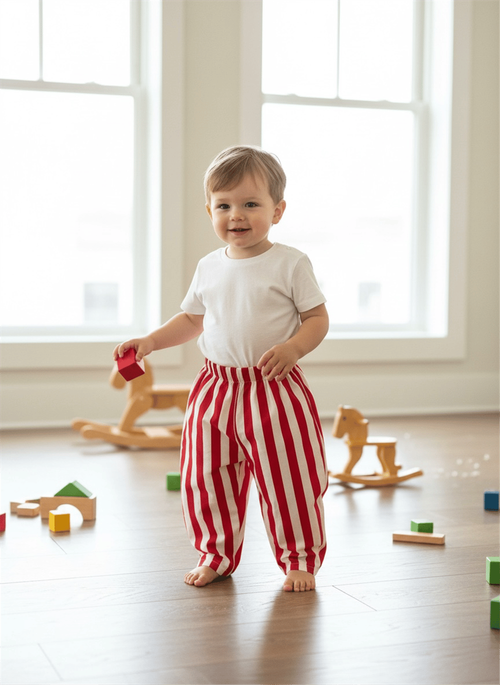 Kırmızı Beyaz Çizgili Tok Kumaş Unisex Pantolon