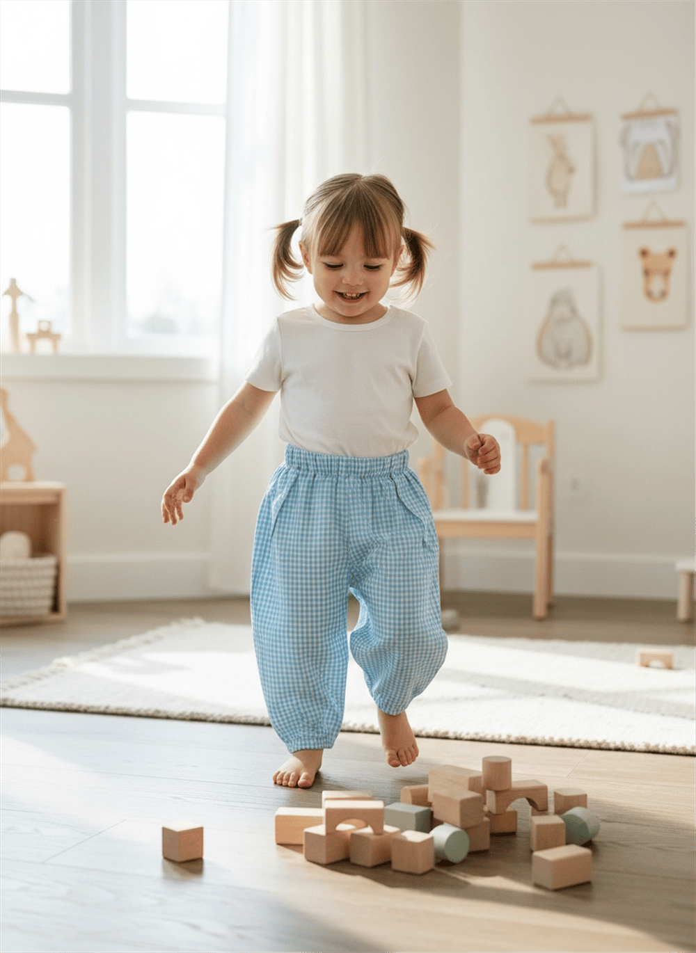 Mavi Beyaz Küçük Pötikare Unisex Pantolon