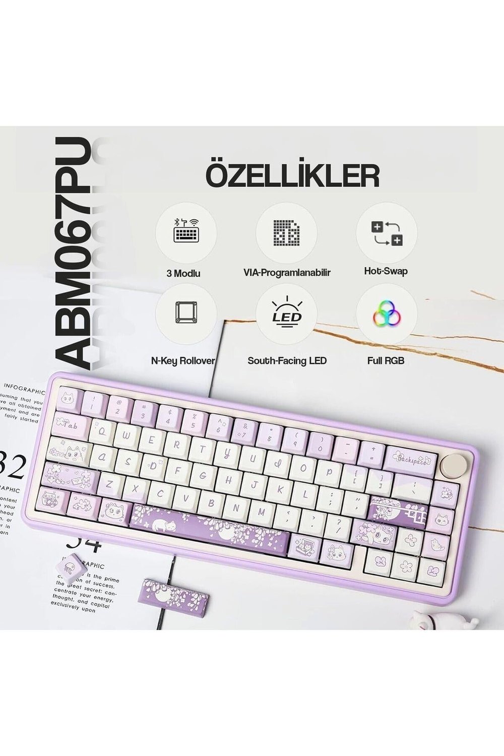 Cidoo ABM067 Nebula Programlanabilir Esports Rgb Mekanik 3 Mode Kablosuz Klavye (Mor)