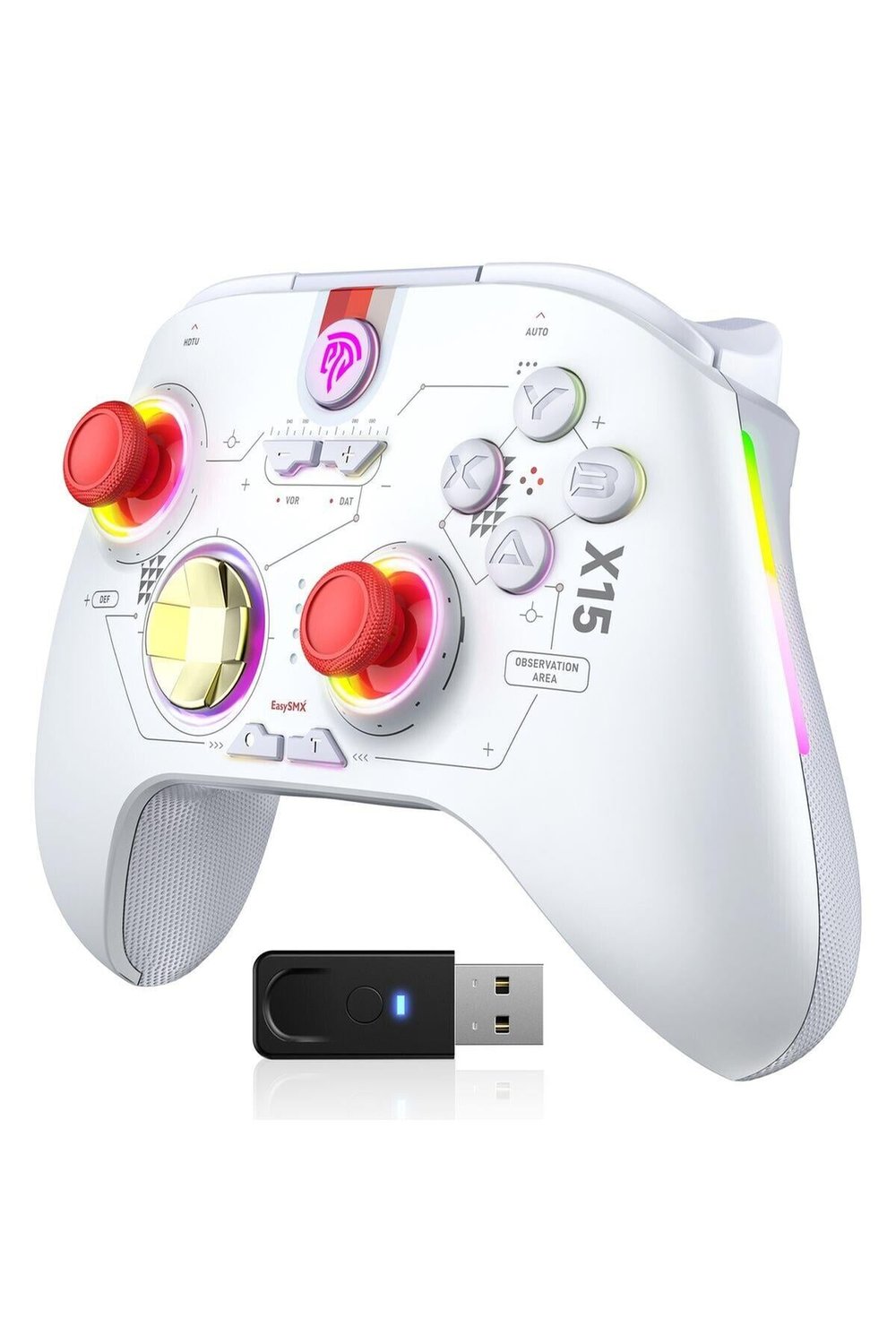 Easysmx X15 - Kablosuz Gamepad - Hall Effect Stick - Hall Triggers - Drift & Dead Zone Yok, 7 Rgb- Pc, Android, Steam ve Switch Uyumlu - Beyaz