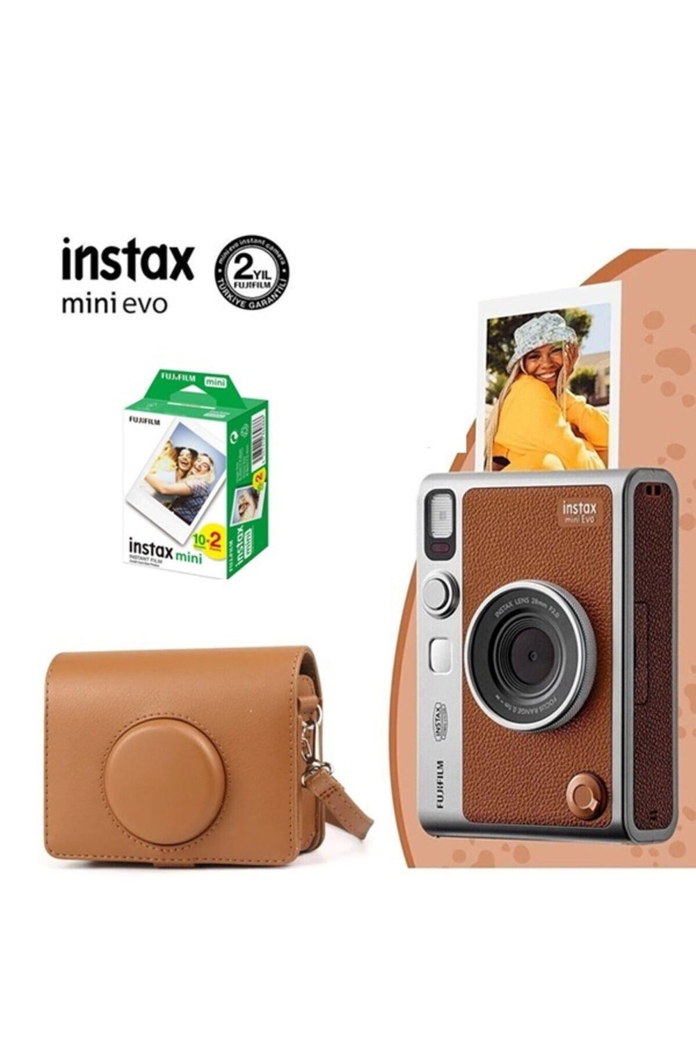Instax Mini Evo Kahverengi Fotoğraf Makinesi Kahverengi Çantalı 20li Film Hediye Seti 1