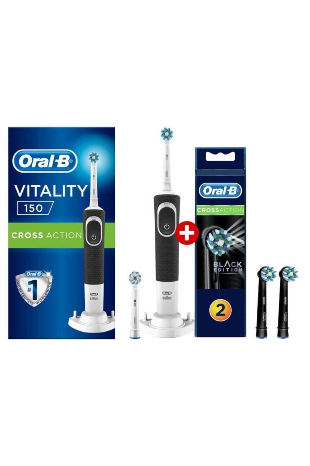 Oral-B Vitality D150 Şarj Edilebilir Diş Fırçası Cross Action+Siyah 2li Yedek Başlık
