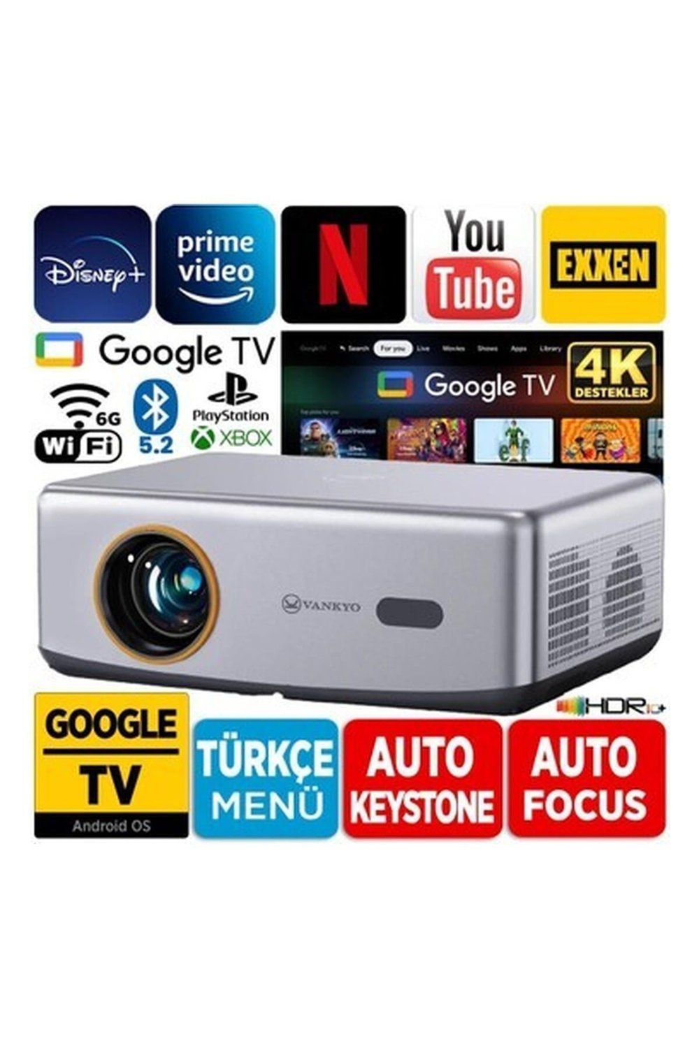 Vankyo Performance V700G Android Google Tv HDR10+ 4K Destekli Projeksiyon Cihazı +Auto Focus+Auto Keystone+6g Wifi+5.2 BLUETOOTH+300İNÇ Yansıtma+Hifi Dolby Ses Sistemi+Ps5/ps4/xbox