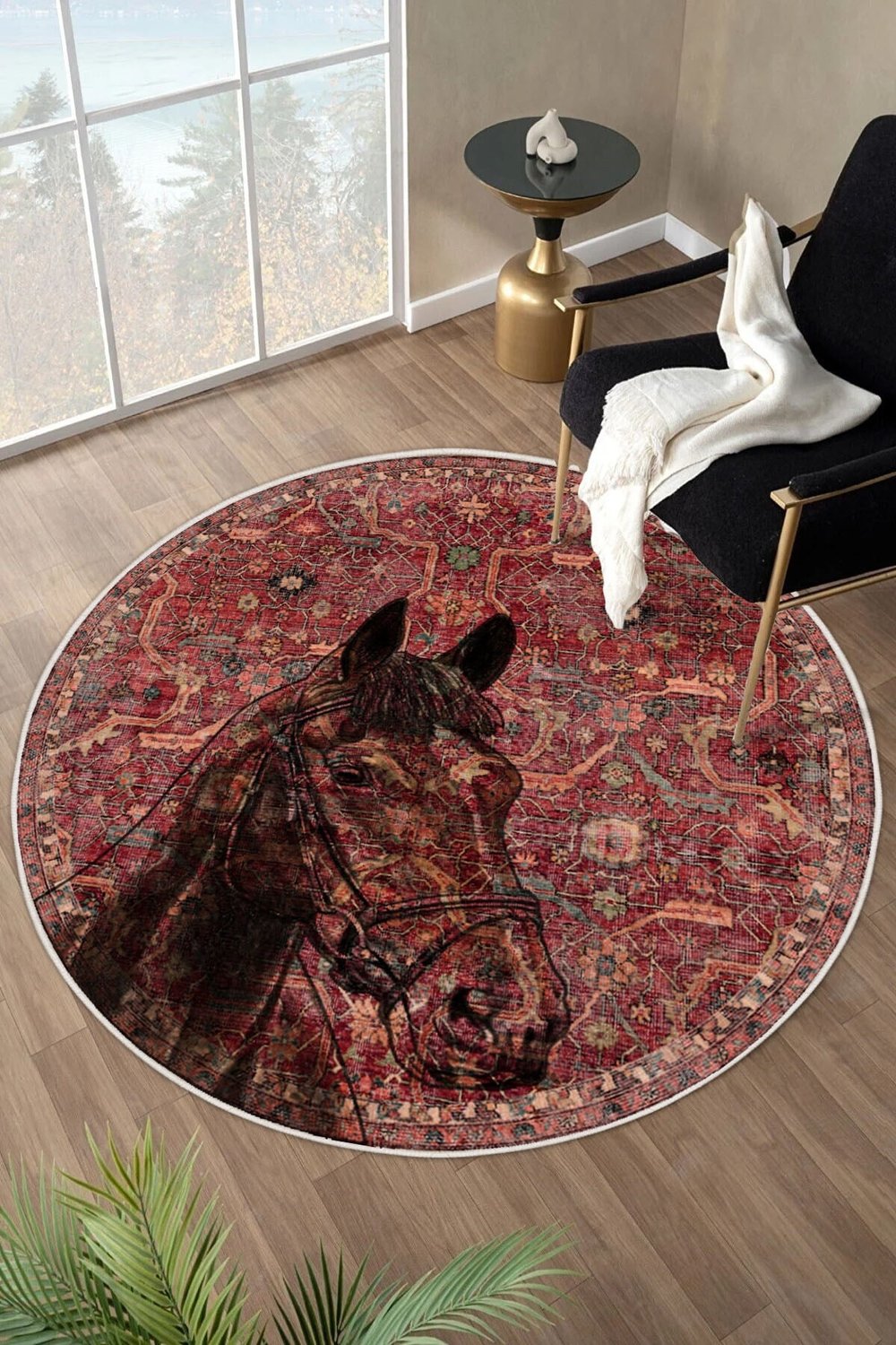 Kilim Desenli At Figurlu Yıkanabilir Kaymaz Taban Bordo Yuvarlak Halı