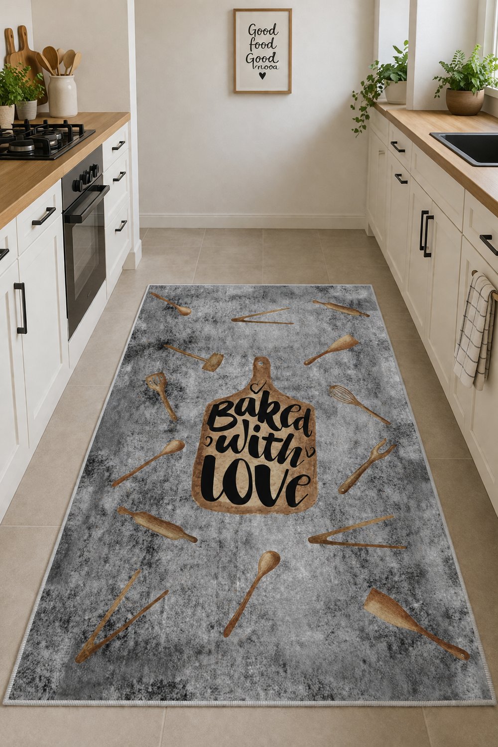 Baked with Love Yazılı Kaymaz Yıkanabilir Dijital Baskılı Mutfak Halısı