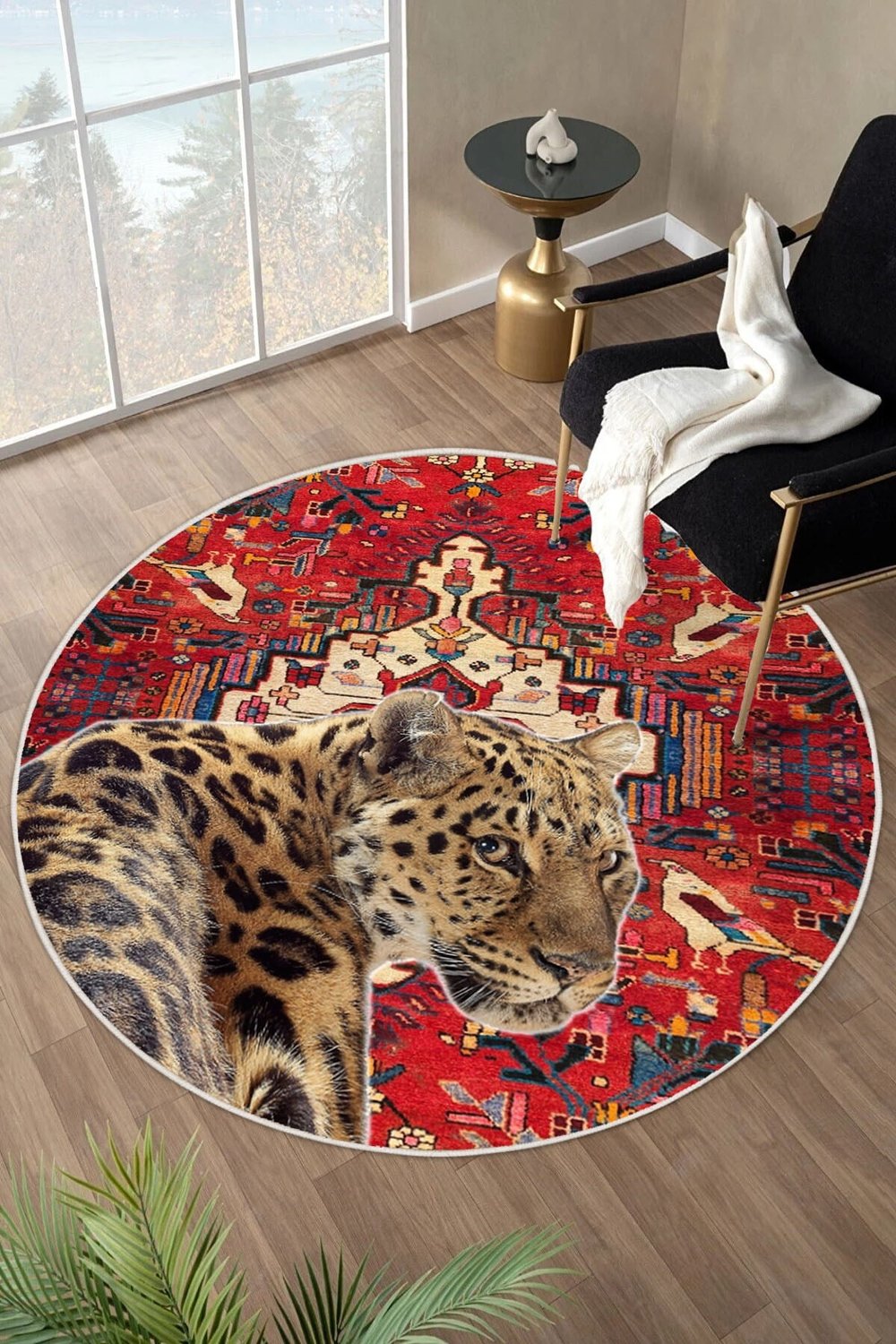 Bordo Etnik Desenli Leopar Figürlü Yıkanabilir Kaymaz Yuvarlak Halı 