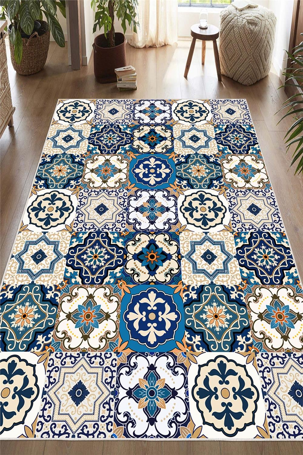 Dijital Baskılı Renkli Çini Desenli Kaymaz Taban Yıkanabilir Halı