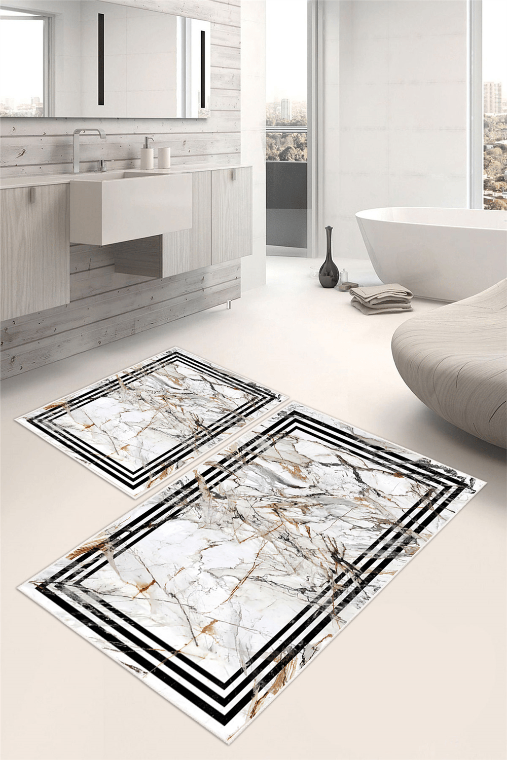 Çerçeveli Mermer Desen Dijital Baskılı Yıkanabilir 2li Banyo Paspası