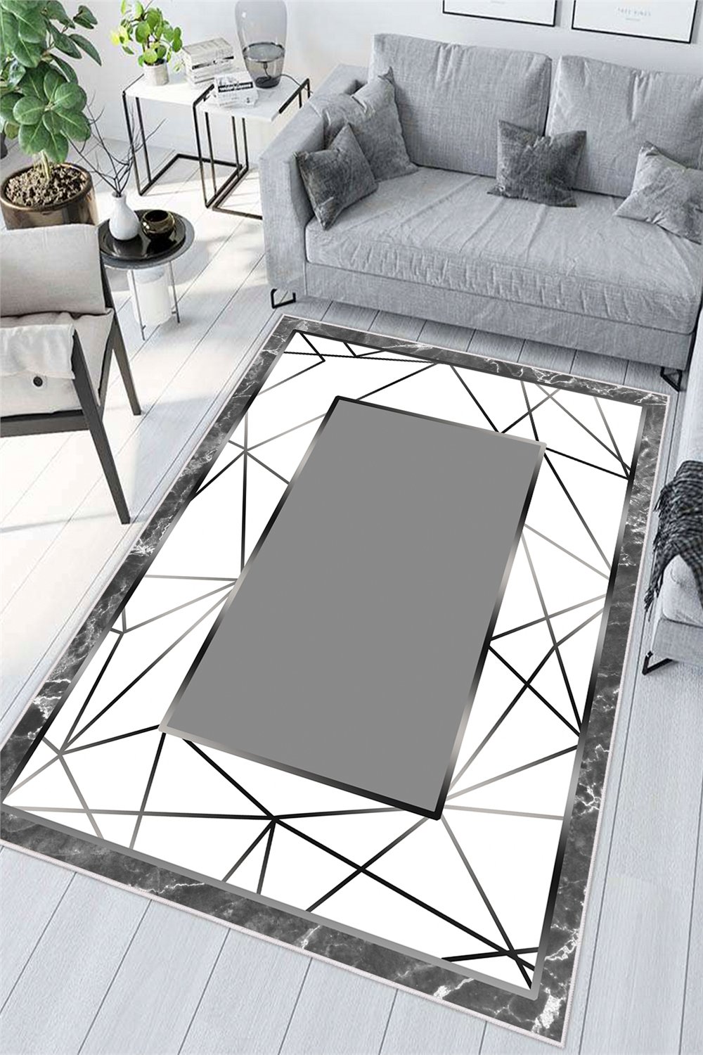 Çerçeveli Modern Desen Baskılı Kaymaz Yıkanabilir Salon Oturma Odası Mutfak Antre Halısı Yolluk