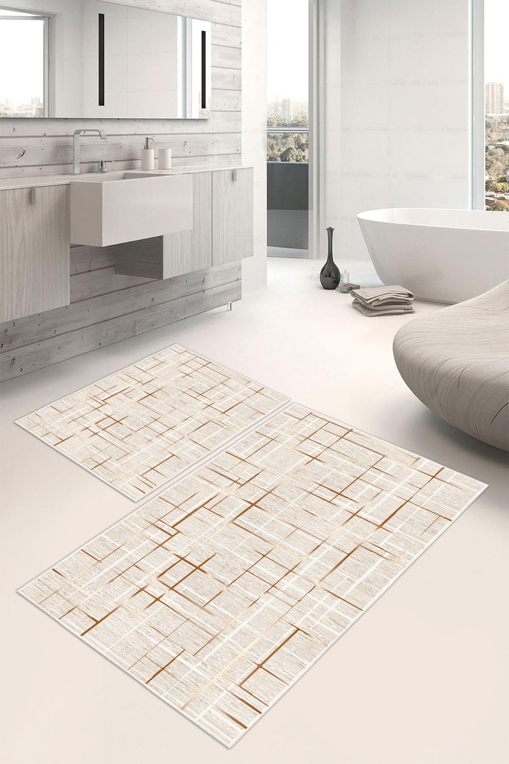 Dijital Baskı Çizgi Desen Kaymaz Taban 2li Set Banyo Paspası Klozet Takımı (50x60cm-60x100cm)