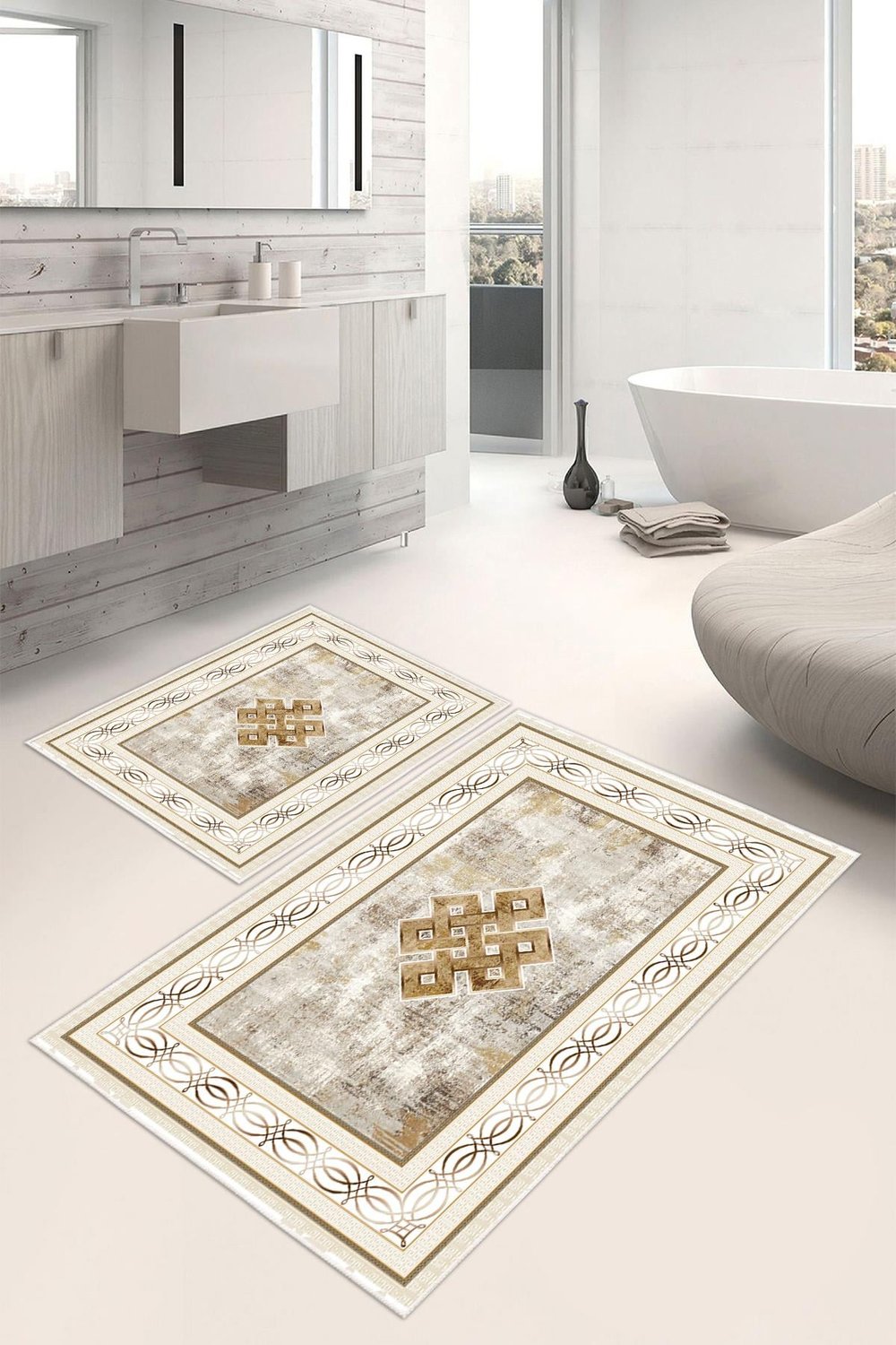 Dijital Baskı Klasik Kaymaz Taban 2li Set Banyo Paspası Klozet Takımı (50x60cm-60x100cm)