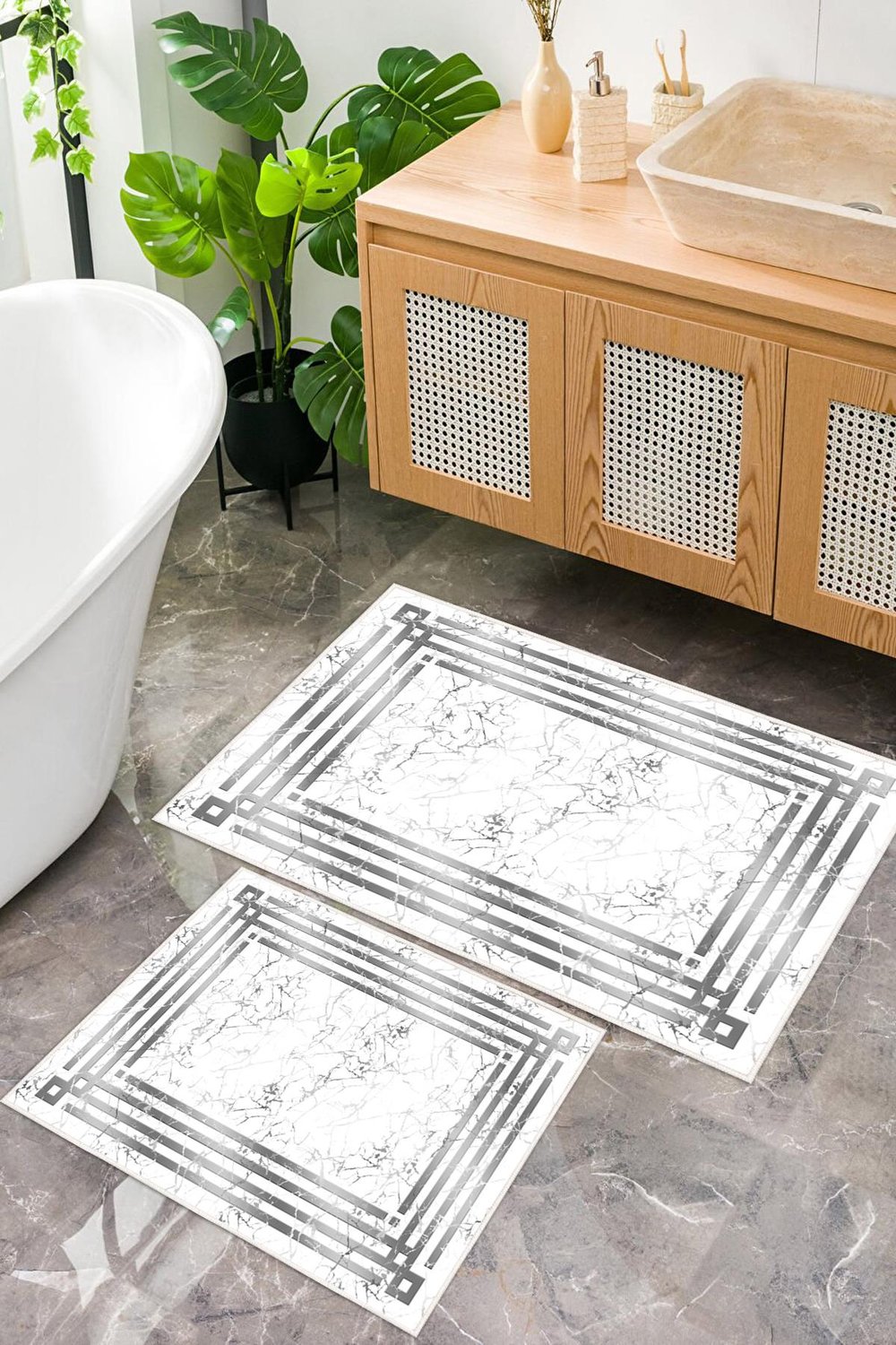 Dijital Baskı Mermer Desen Kaymaz Taban 2li Set Banyo Paspası Klozet Takımı (50x60cm-60x100cm)