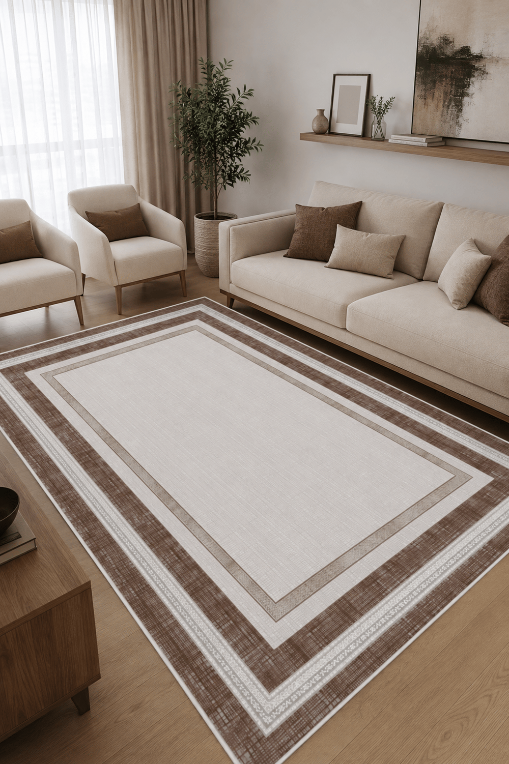 Dijital Baskılı Çerçeve Desenli Dekoratif Kaymaz Taban Yıkanabilir Salon Halısı Yolluk