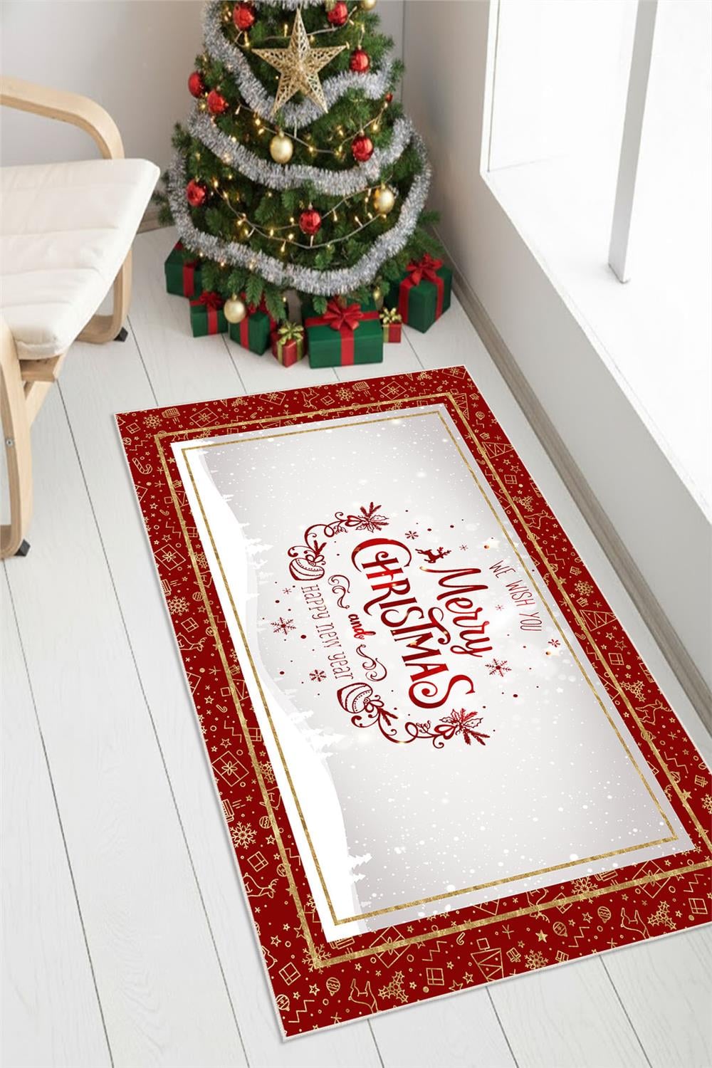 Dijital Baskılı Kaymaz Tabanlı Yıkanabilir Kırmızı Merry Christmas Halısı
