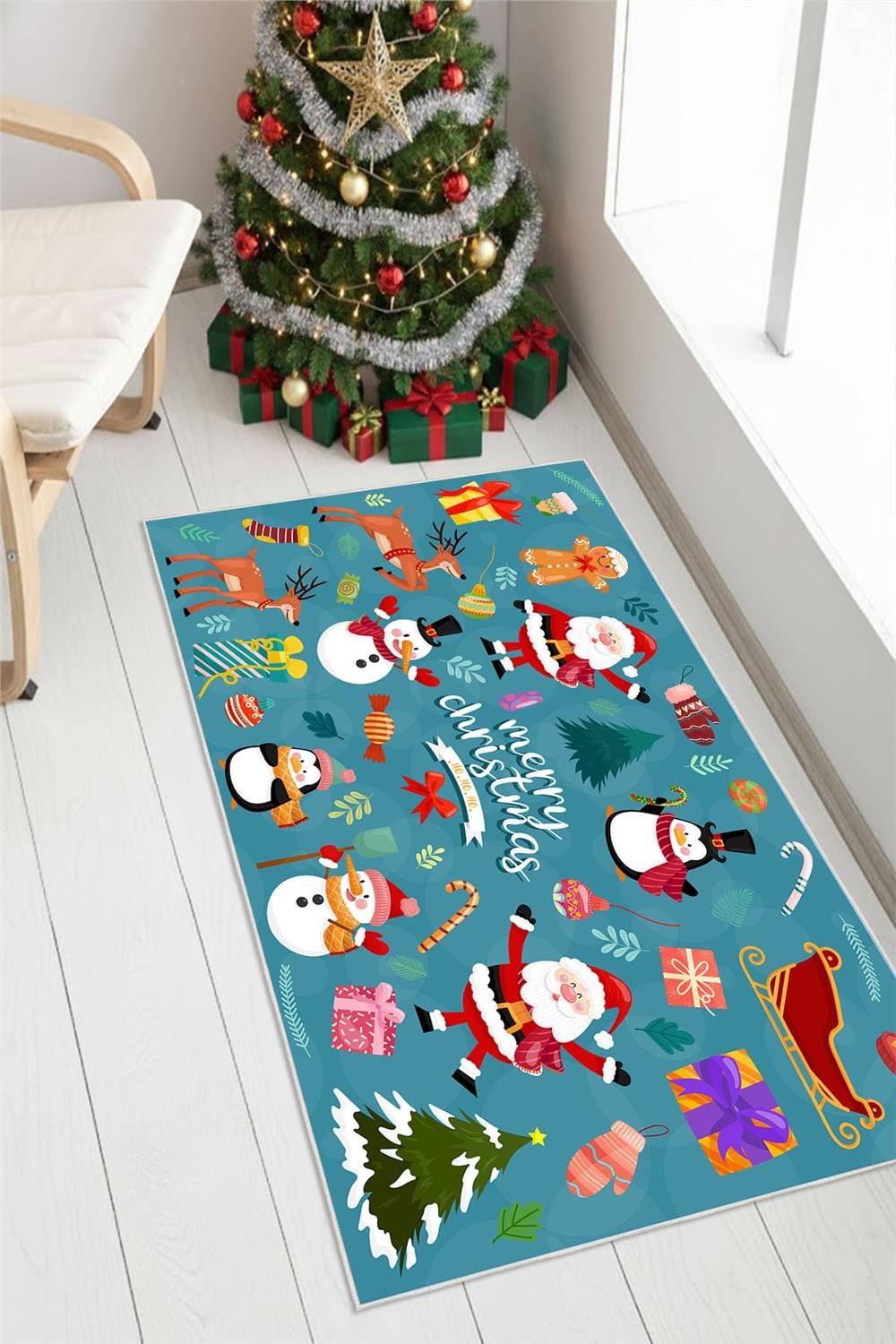 Dijital Baskılı Kaymaz Tabanlı Yıkanabilir Mavi Noel Halısı