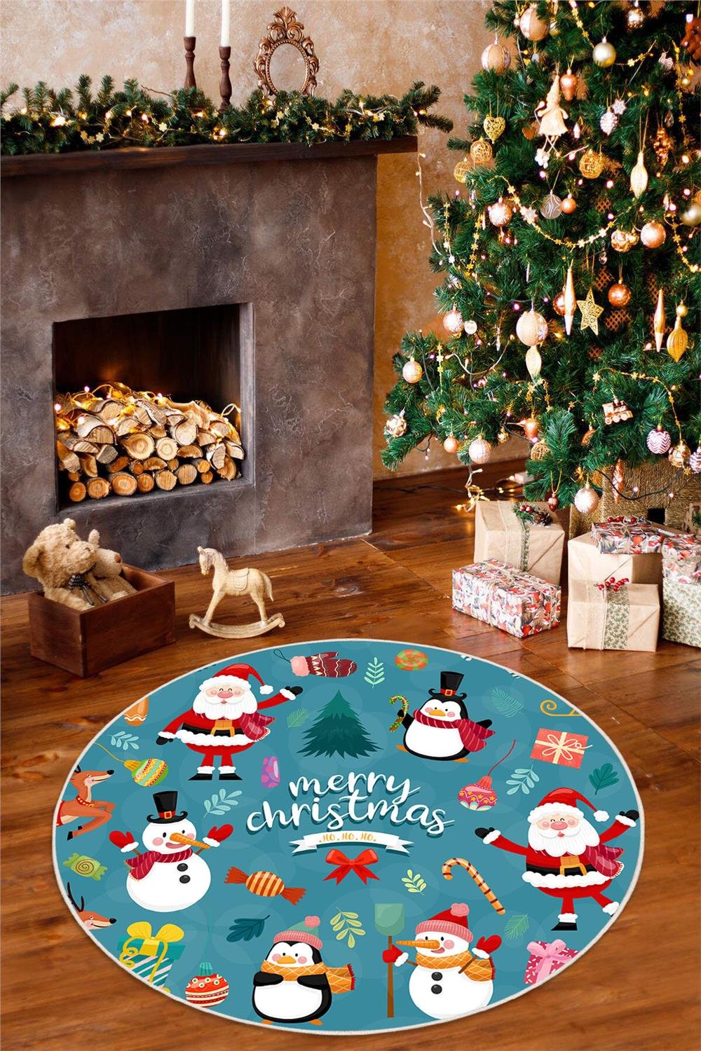 Dijital Baskılı Kaymaz Tabanlı Yıkanabilir Mavi Yuvarlak Noel Halısı