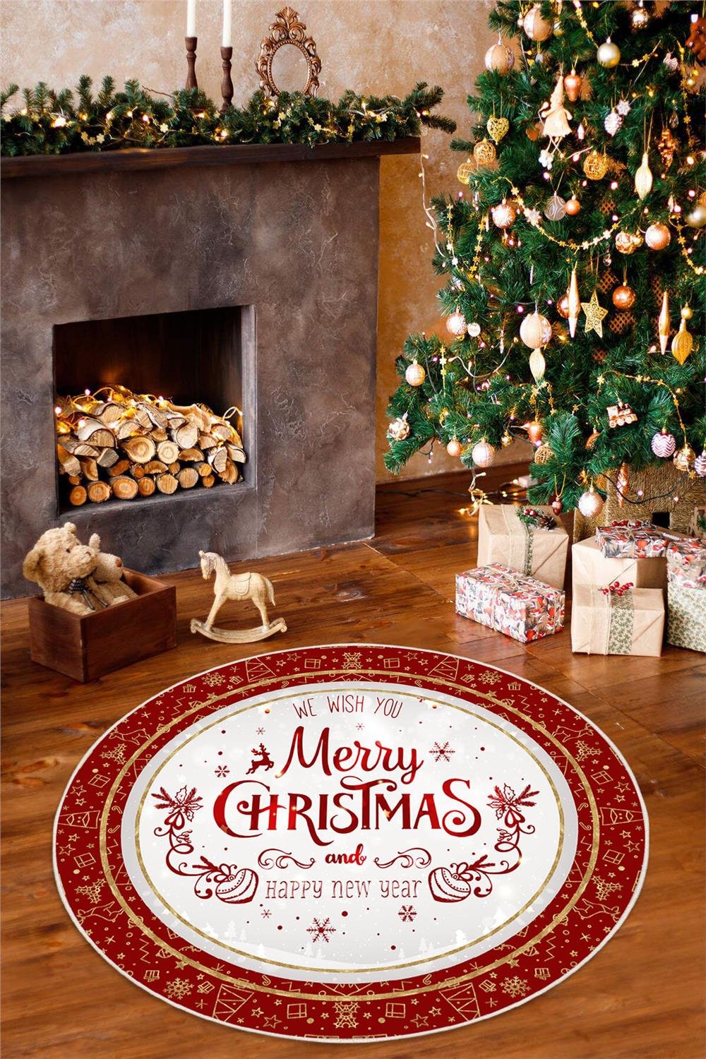 Dijital Baskılı Kaymaz Tabanlı Yıkanabilir Yuvarlak Kırmızı Merry Christmas Halısı