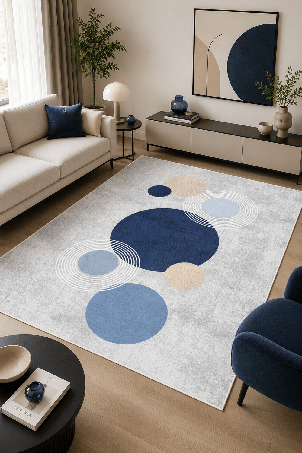 Dijital Baskılı Modern Desenli Mavi Kaymaz Taban Yıkanabilir Halı