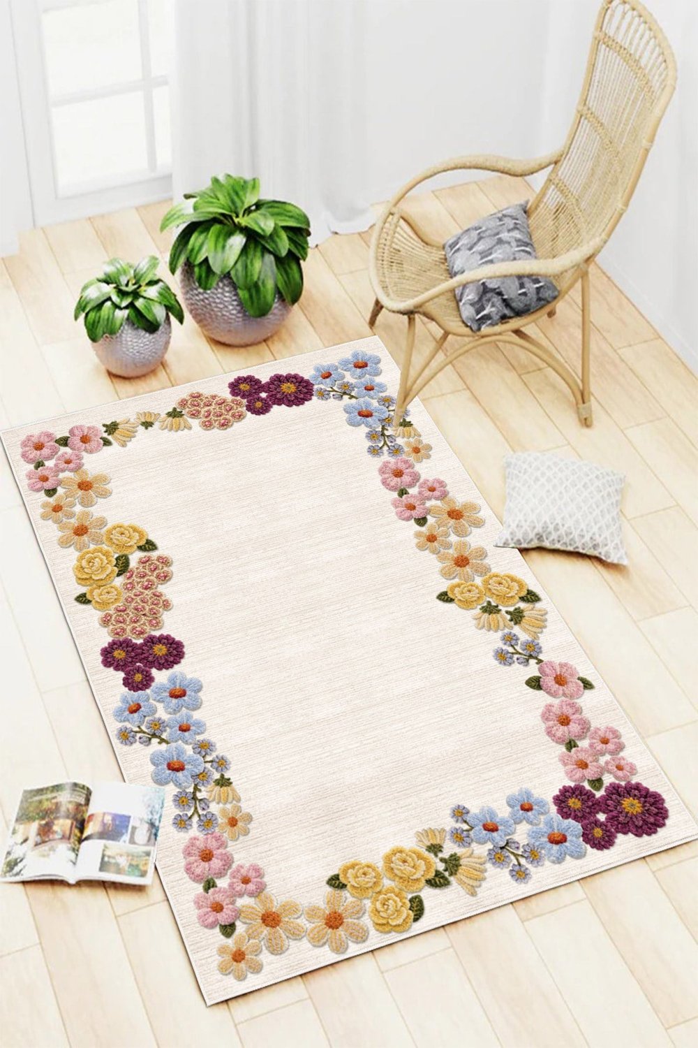 Floral Çerçeve Desen Baskılı Kaymaz Yıkanabilir Salon Oturma Odası Mutfak Balkon Halısı Yolluk