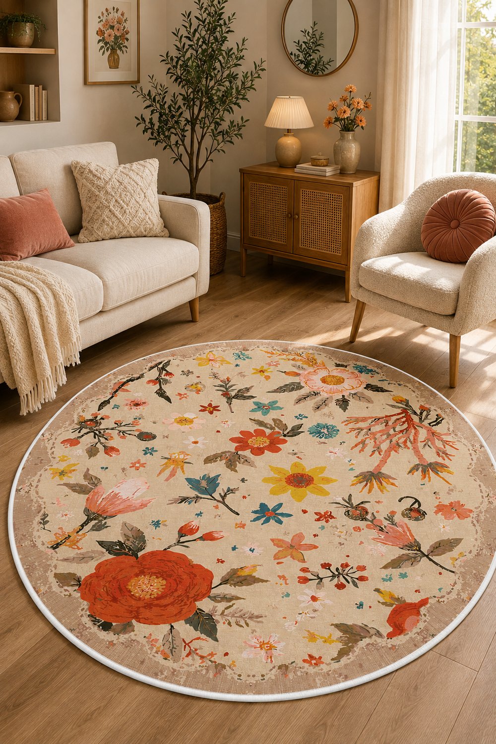 Floral Desen Baskılı Kaymaz Yıkanabilir Yuvarlak Halı Salon Oturma Odası Mutfak Antre Halısı