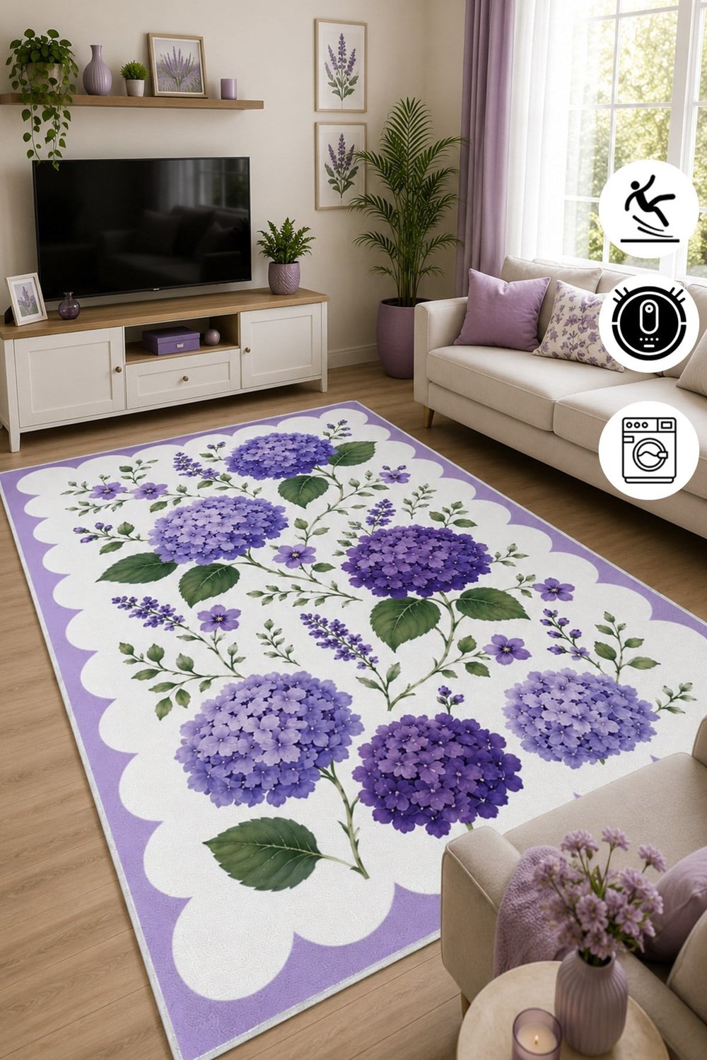 Floral Mor Ortanca Desen Baskılı Kaymaz Yıkanabilir Salon Oturma Odası Mutfak Balkon Halısı Yolluk