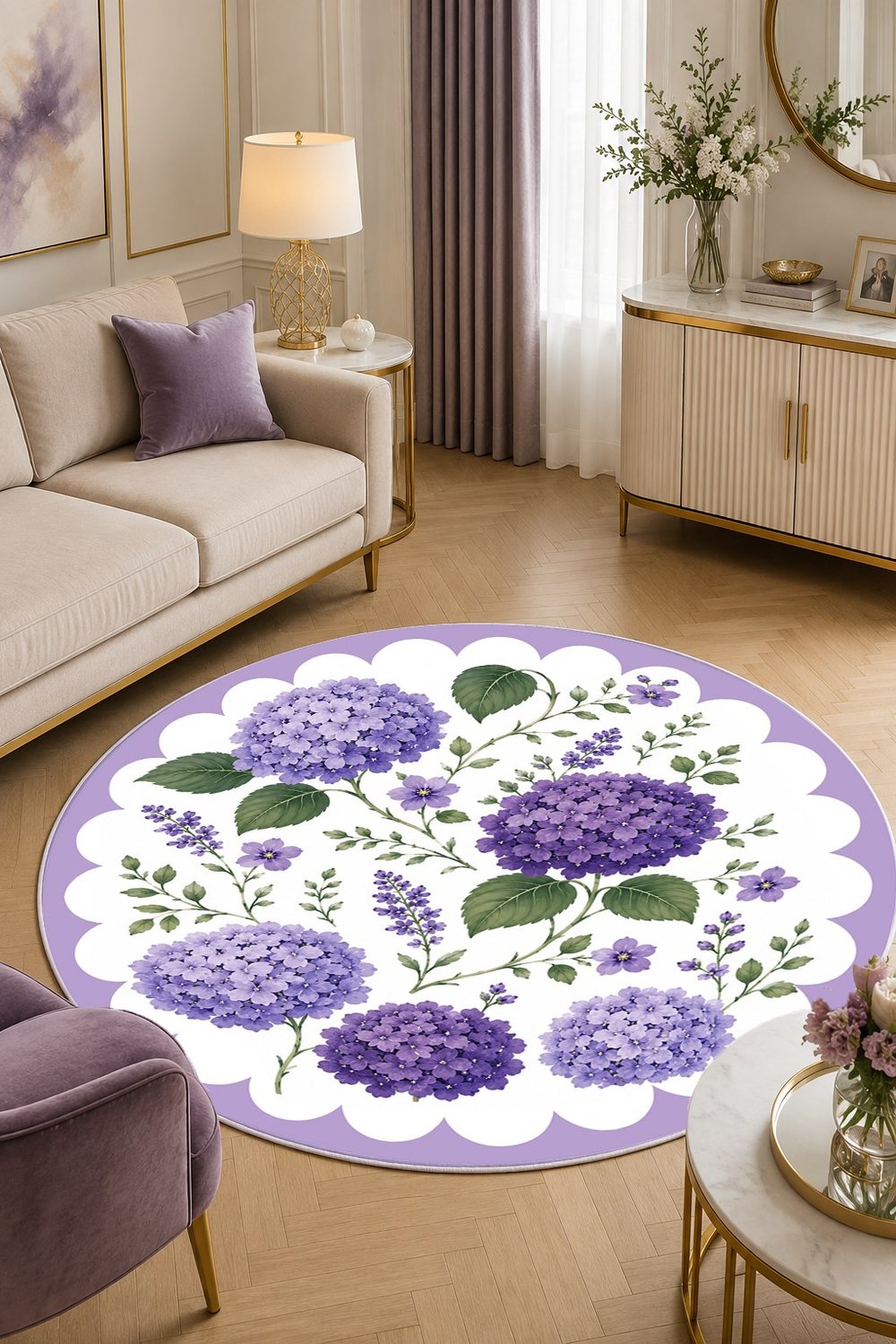 Floral Mor Ortanca Desen Baskılı Kaymaz Yıkanabilir Yuvarlak Halı Salon Oturma Odası Mutfak Balkon Antre Halısı