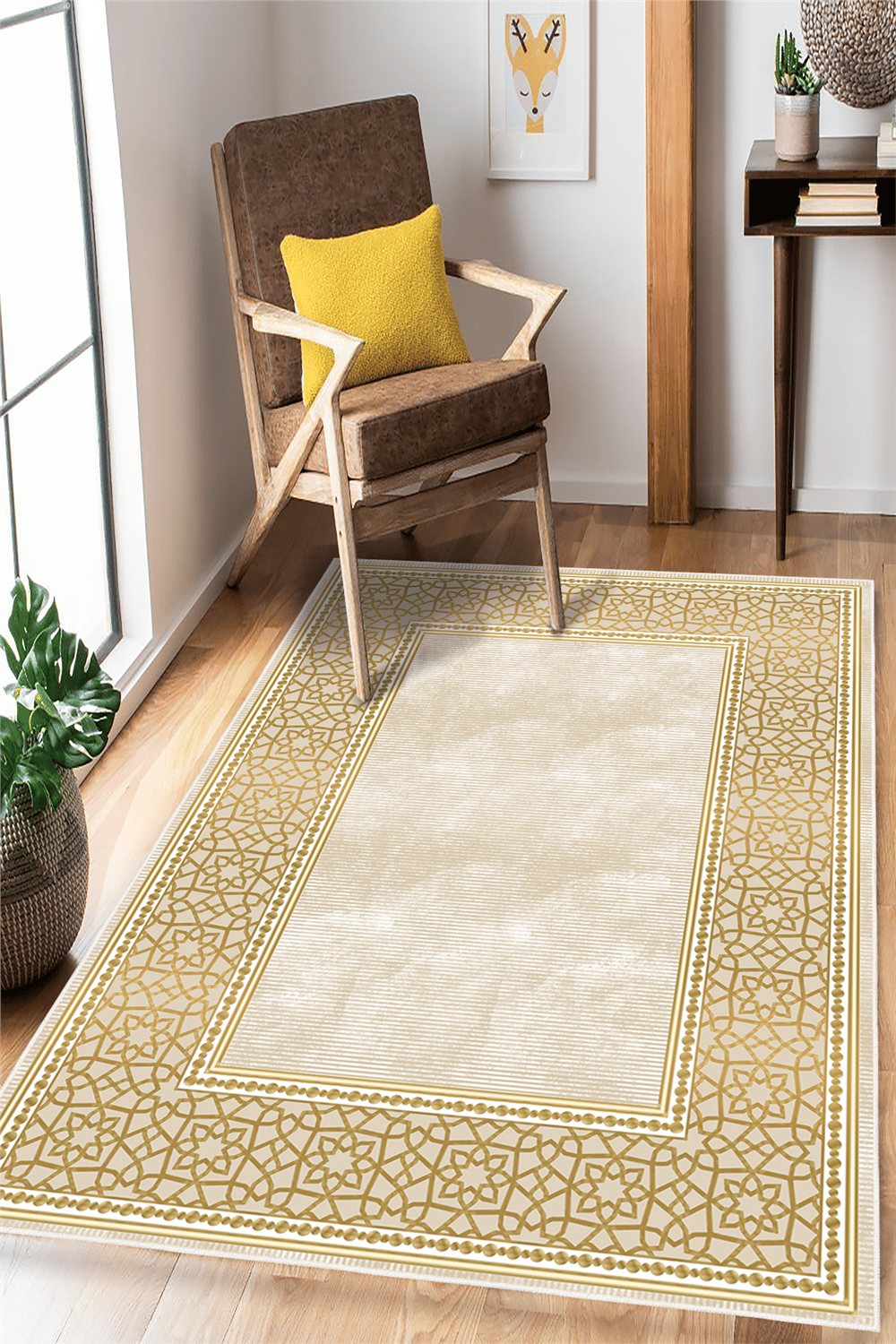 Gold Çerçeve Desenli Baskılı Kaymaz Yıkanabilir Salon Oturma Odası Antre Halısı Yolluk