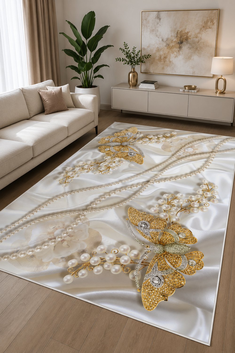 İnci ve Kelebek Desenli Baskılı Kaymaz Yıkanabilir Salon Oturma Odası Mutfak Halısı Yolluk