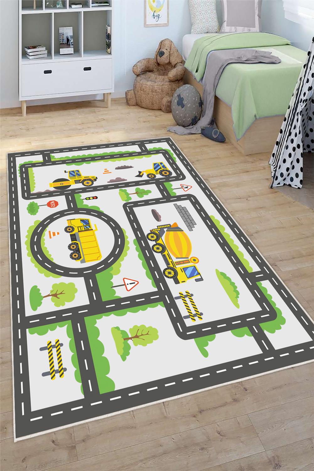 İnşaat Araçları Yol Desenli Yıkanabilir Kaymaz Taban Çocuk Oyun Halısı