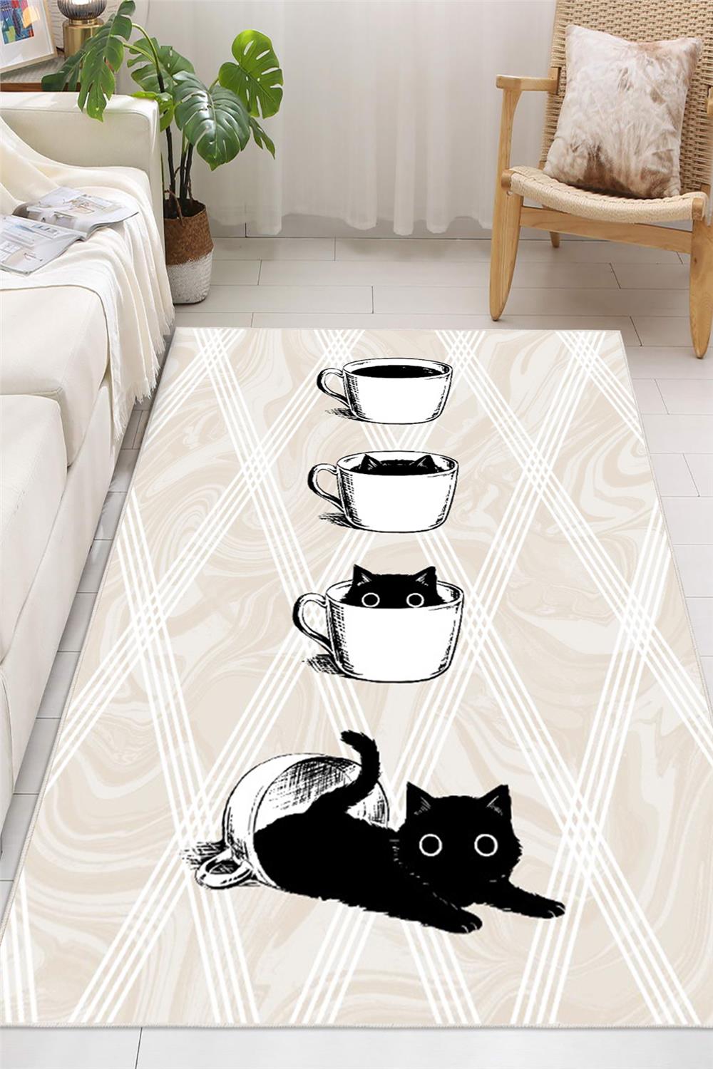 Kahve Fincanı ve Kedi Temalı Dijital Baskılı Yıkanabilir Kaymaz Taban Halı