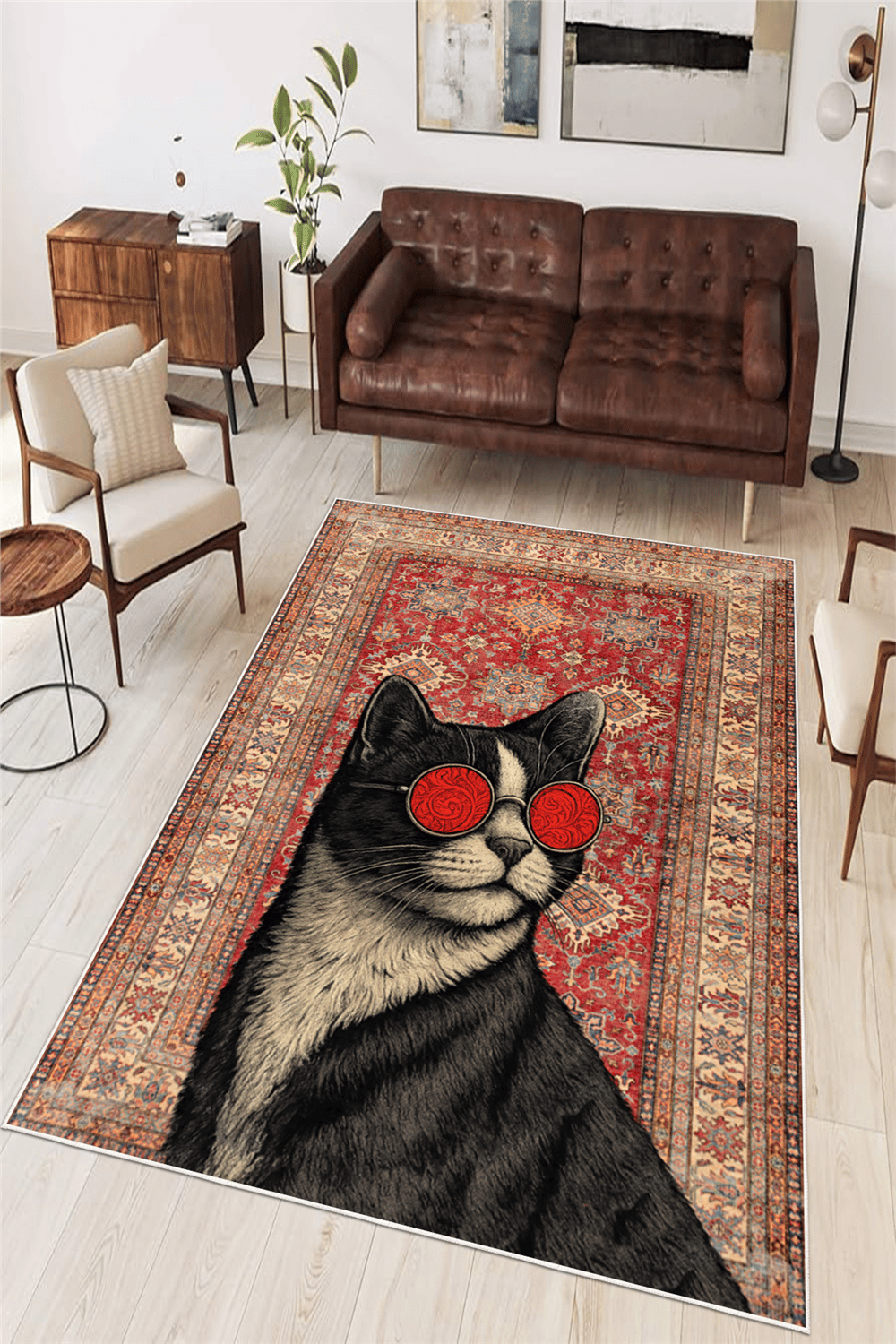 Kedi Figürlü Dijital Baskılı Yıkanabilir Kaymaz Taban Salon Oturma Odası Dekoratif Halı
