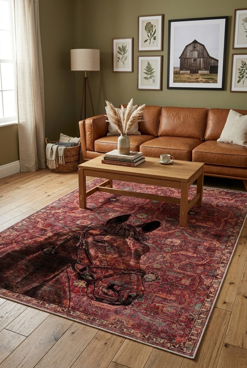 Kilim Desenli At Figurlu Yıkanabilir Kaymaz Taban Bordo Halı
