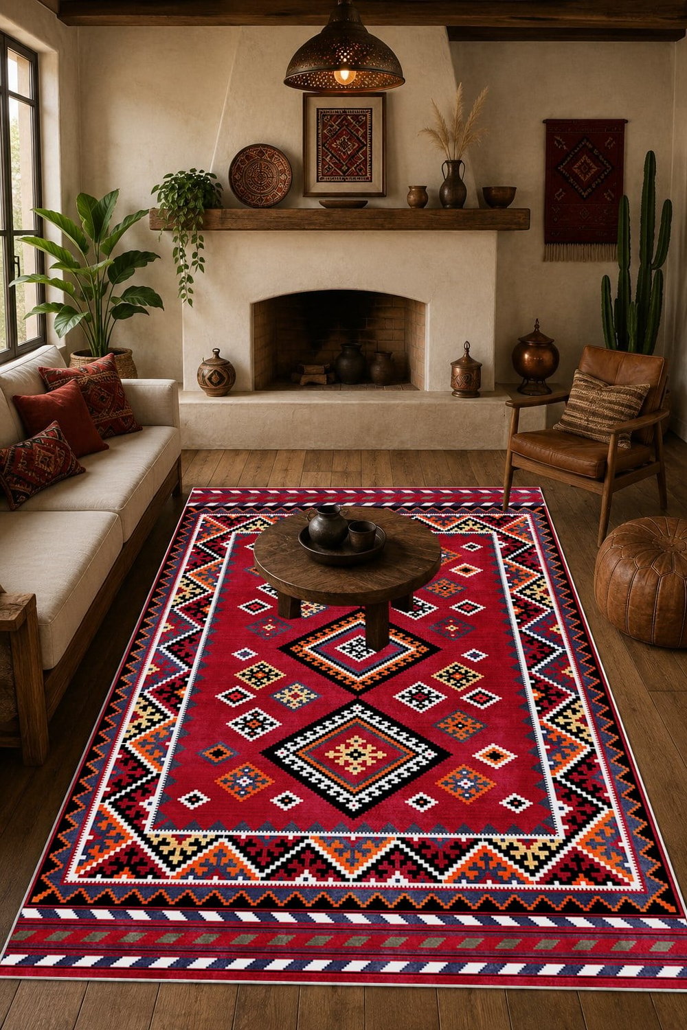 Kırmızı Etnik Kilim Desenli Dijital Baskılı Kaymaz Taban Yıkanabilir Halı