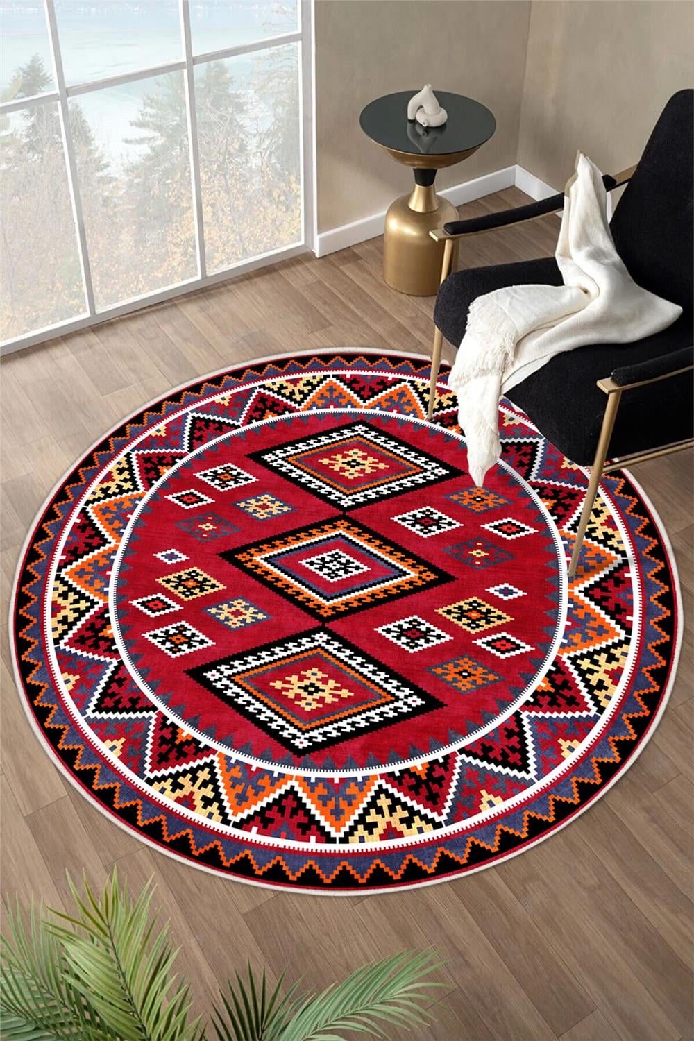 Kırmızı Etnik Kilim Desenli Dijital Baskılı Kaymaz Taban Yıkanabilir Yuvarlak Halı