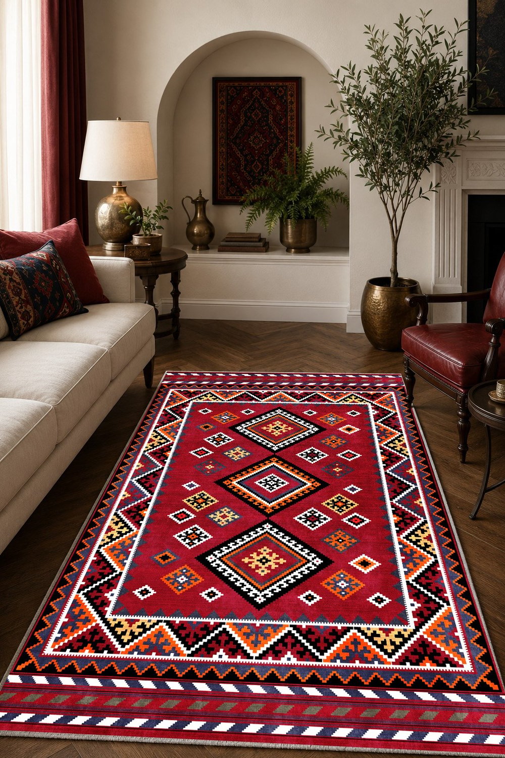 Kırmızı Etnik Kilim Desenli Dijital Baskılı Kaymaz Taban Yıkanabilir Halı