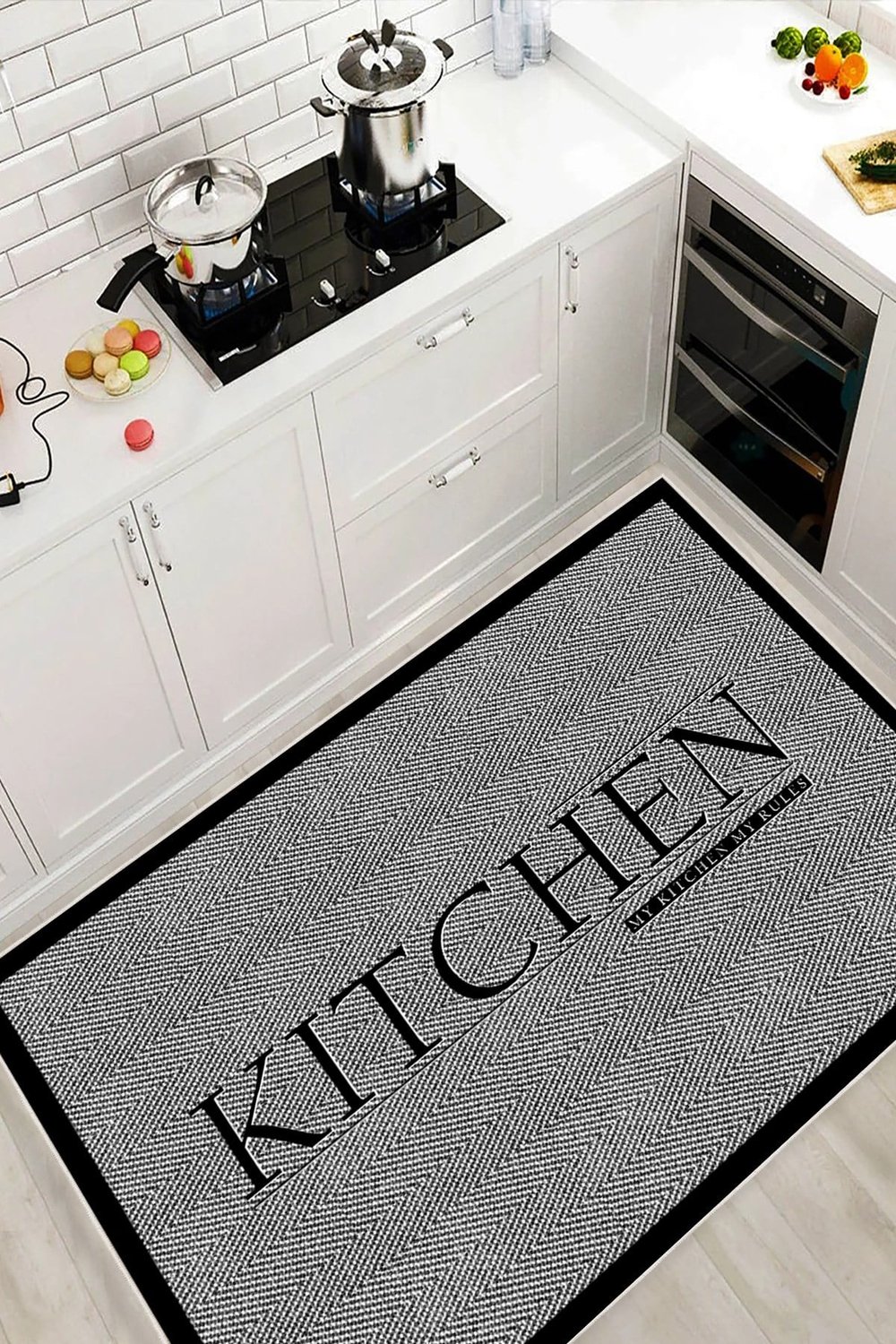 Kitchen Yazılı Çerçeveli Gri Baskılı Yıkanabilir Kaymaz Mutfak Halısı