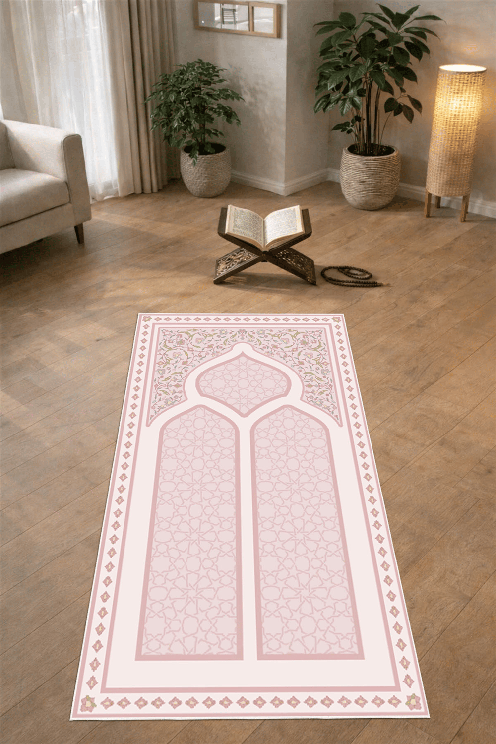 Klasik Desenli Baskılı Kaymaz Taban Yıkanabilir Pembe Seccade