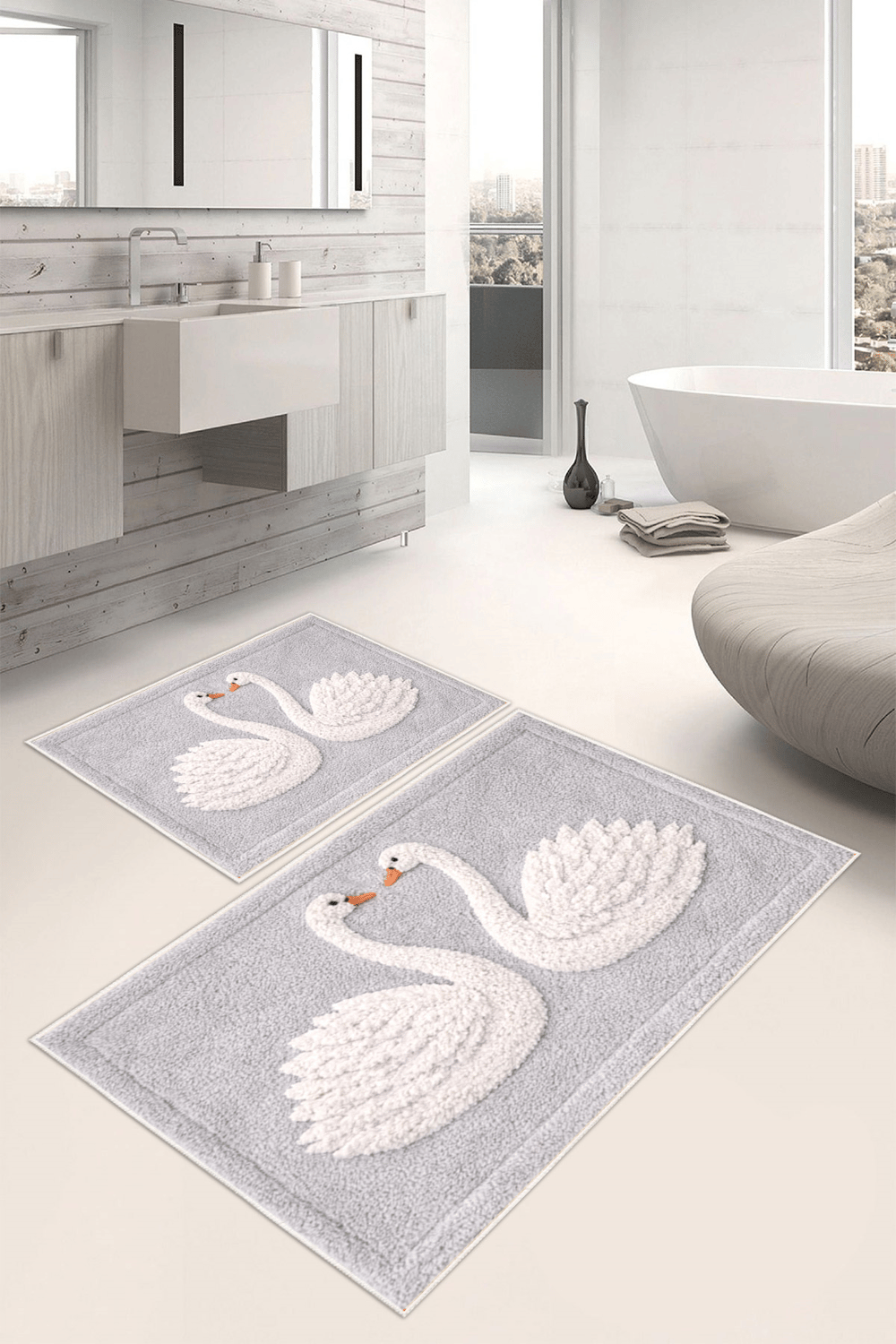 Kuğu Desenli Dijital Baskılı Yıkanabilir 2li Banyo Paspası (50x60-60x100)